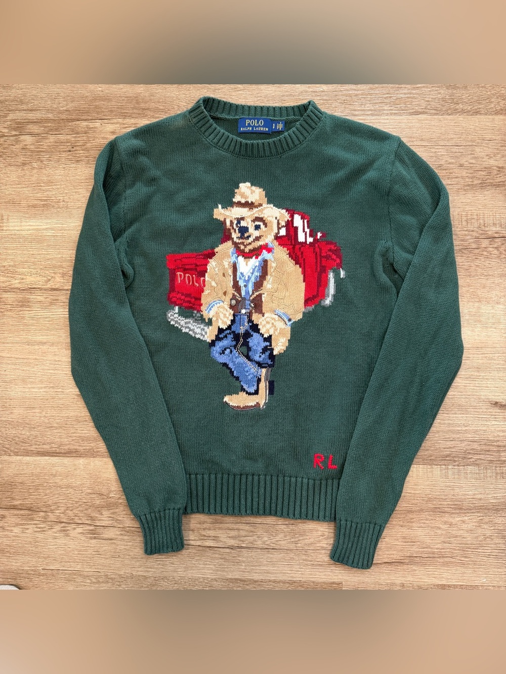 Polo Ralph Lauren Dark Green Cowboy Truck Farm Bear Crewneck Sweater Mens Small
